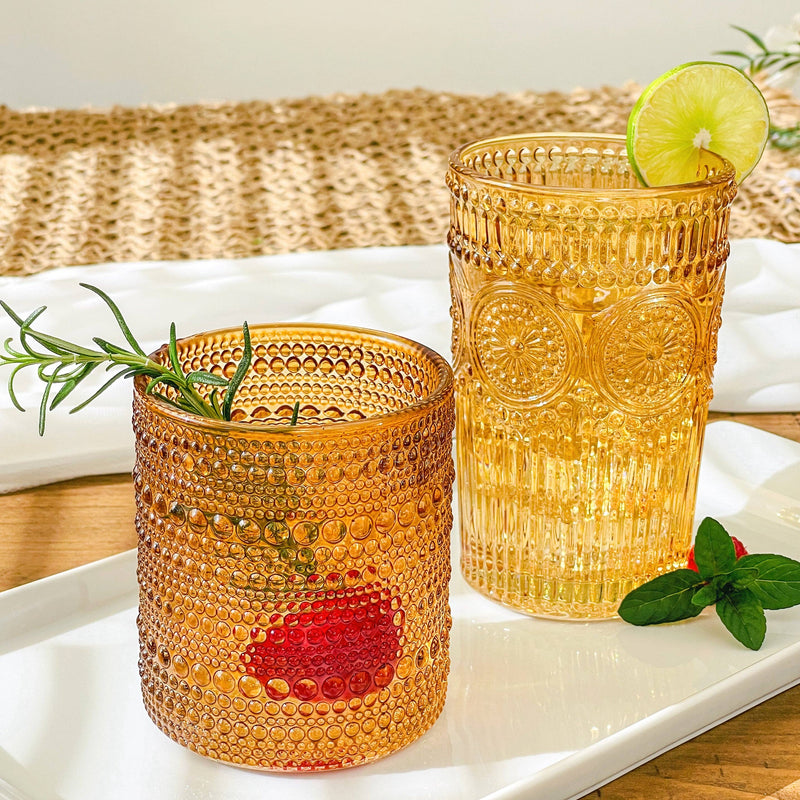 Vintage Textured Amber Drinking Glasses (Set of 6)