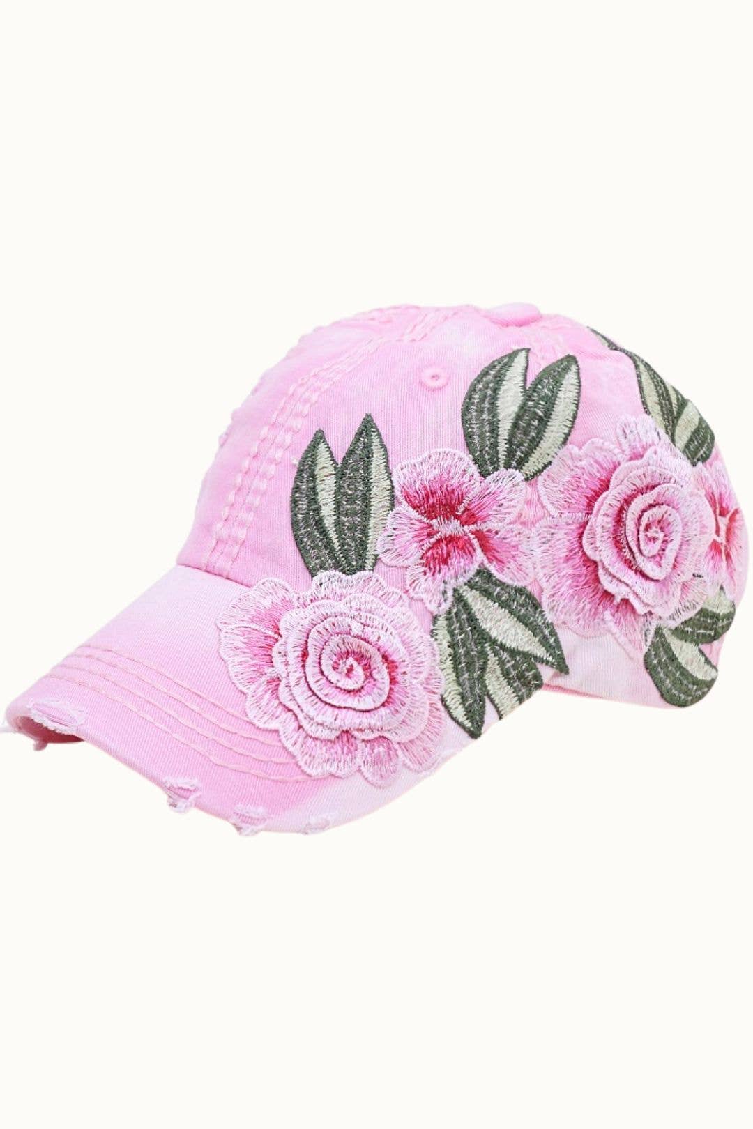 Floral Embroidery Adjustable Dad Cap with Tonal PU Leather: Black