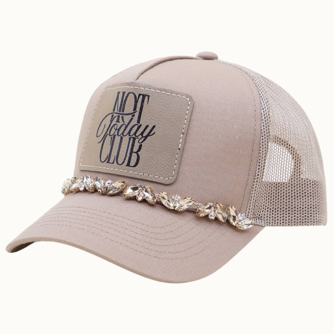 NOT TODAY CLUB Bejeweled Glitz Trucker Cap + Leatherette: Beige