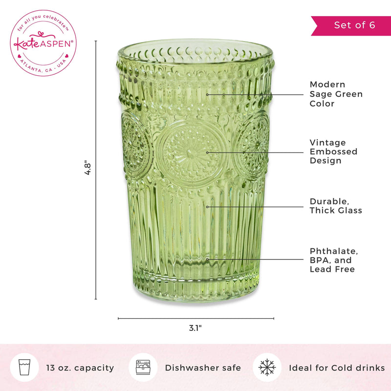 Vintage Textured Sage Green Drinking Glasses (6 pcs)