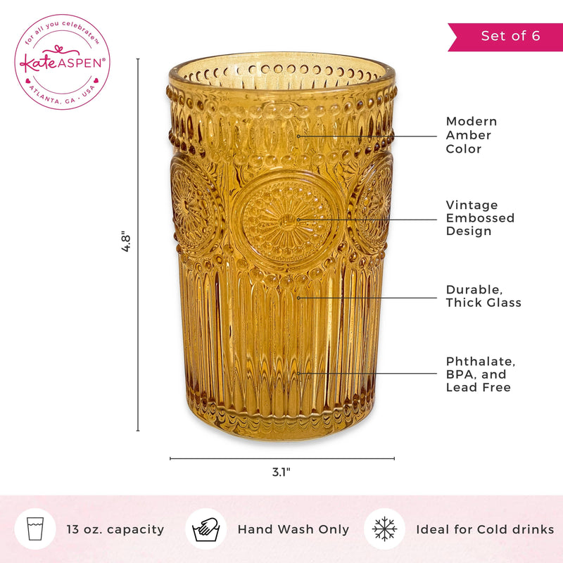 Vintage Textured Amber Drinking Glasses (Set of 6)