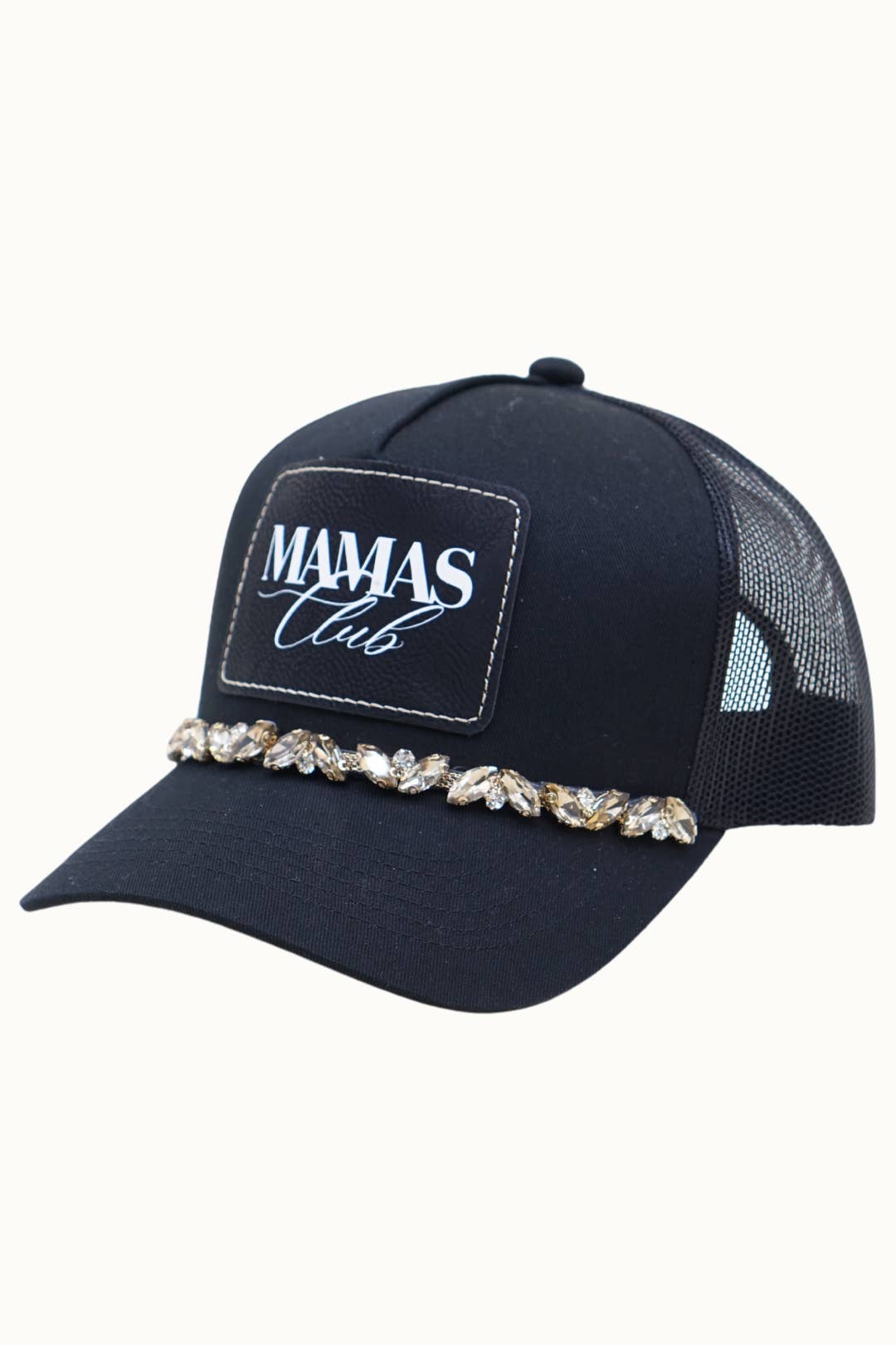MAMAS CLUB Bejeweled Glitz Trucker Cap + Leatherette: Black