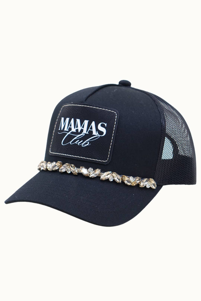 MAMAS CLUB Bejeweled Glitz Trucker Cap + Leatherette: Black