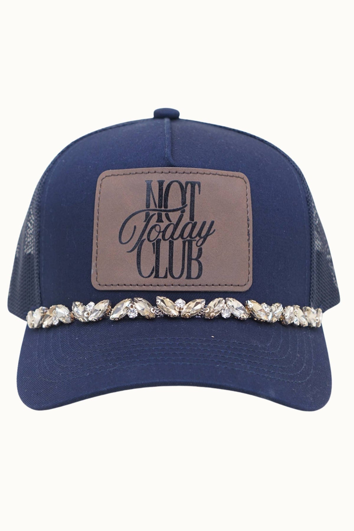 NOT TODAY CLUB Bejeweled Glitz Trucker Cap + Leatherette: Beige