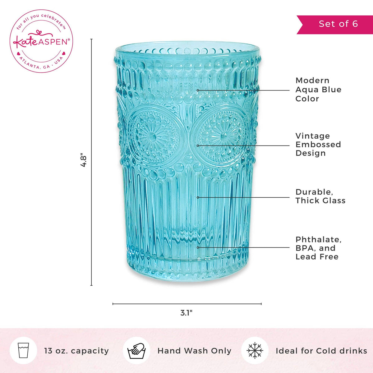 Vintage Textured Aqua Blue Drinking Glasses (Set of 6)