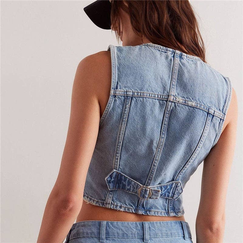 Fashionable Casual V-Neck Denim Vest: MANDARIN BLUE / M