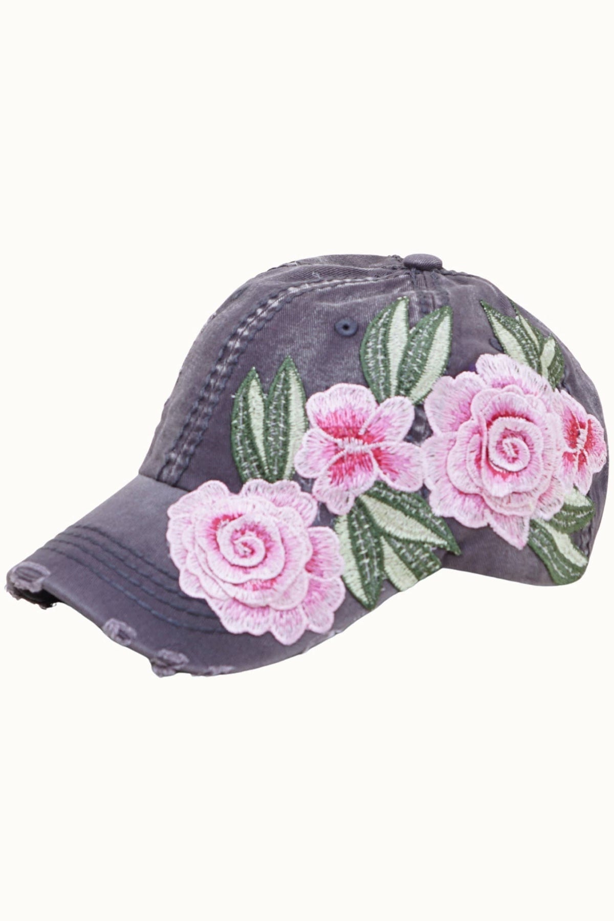 Floral Embroidery Adjustable Dad Cap with Tonal PU Leather: Black