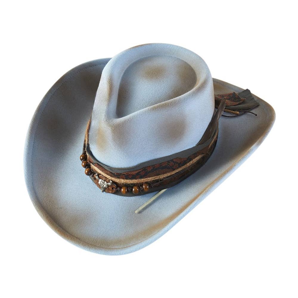 Steer Head Accent Feather Beaded Band Rustic Vintage Distressed Western Cowgirl Fedora Hat