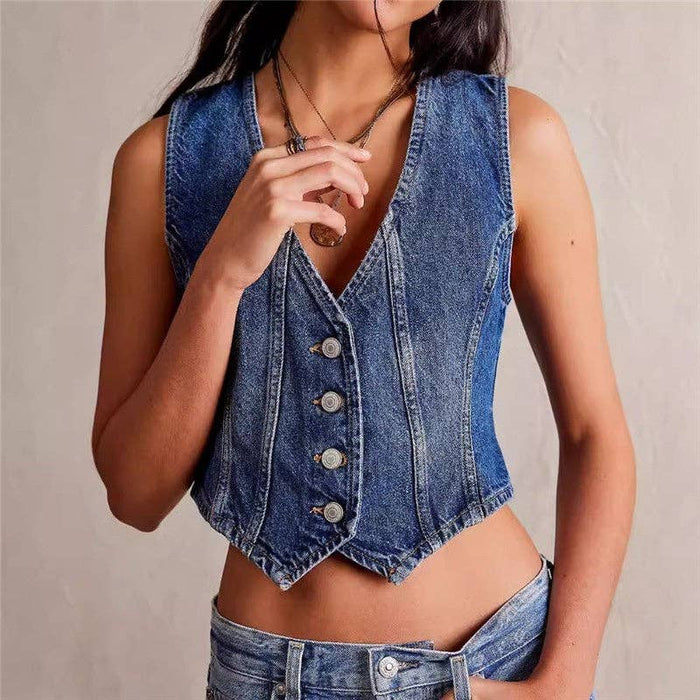 Fashionable Casual V-Neck Denim Vest: MANDARIN BLUE / XL