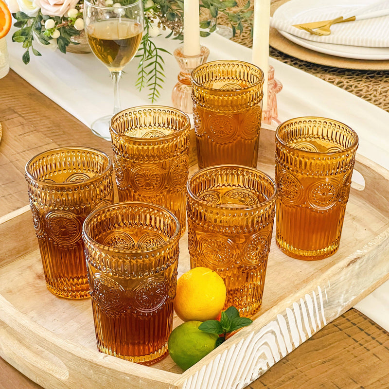 Vintage Textured Amber Drinking Glasses (Set of 6)