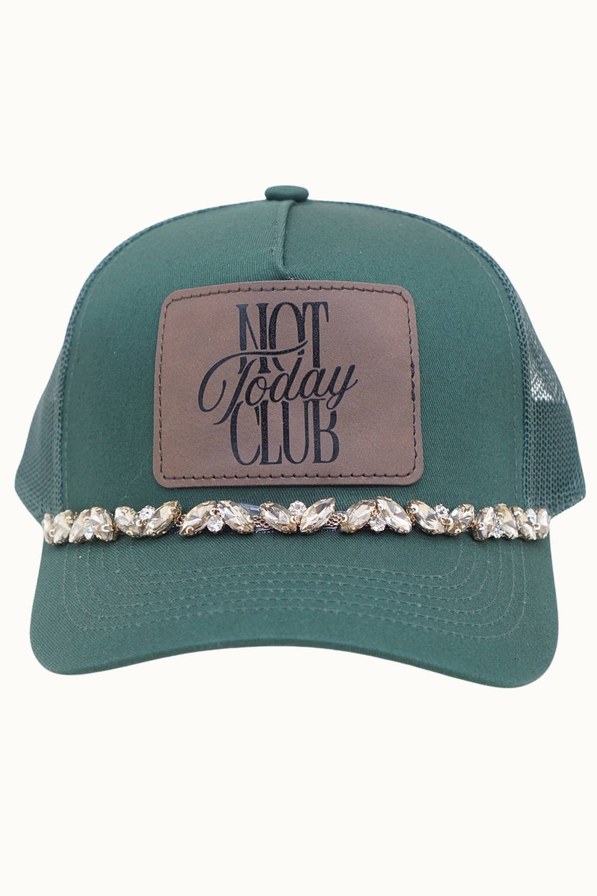 NOT TODAY CLUB Bejeweled Glitz Trucker Cap + Leatherette: Beige