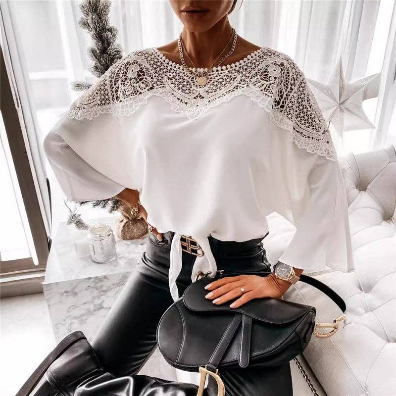 Round Neck Long Sleeve Lace Trim Shirt: WHITE / M