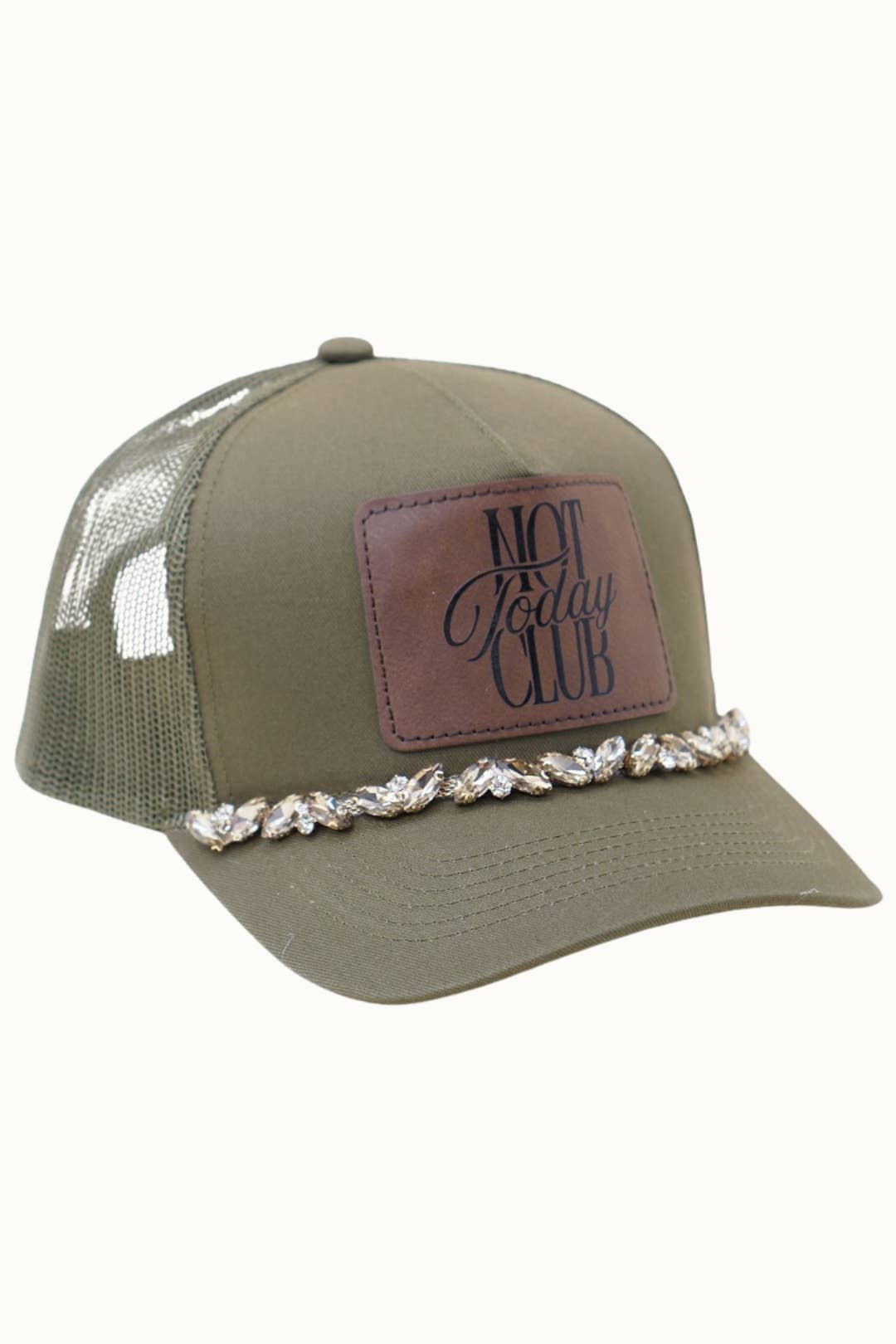 NOT TODAY CLUB Bejeweled Glitz Trucker Cap + Leatherette: Beige