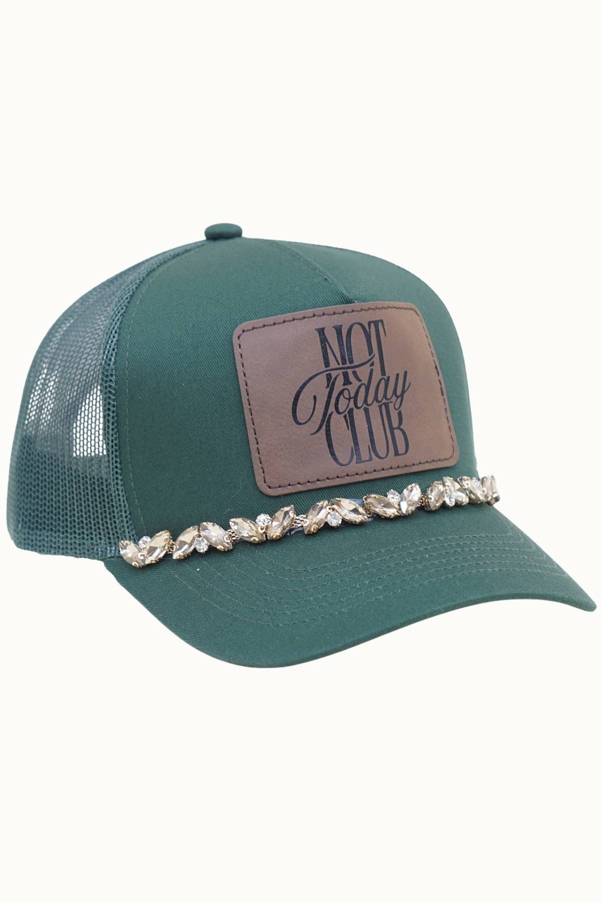 NOT TODAY CLUB Bejeweled Glitz Trucker Cap + Leatherette: Beige