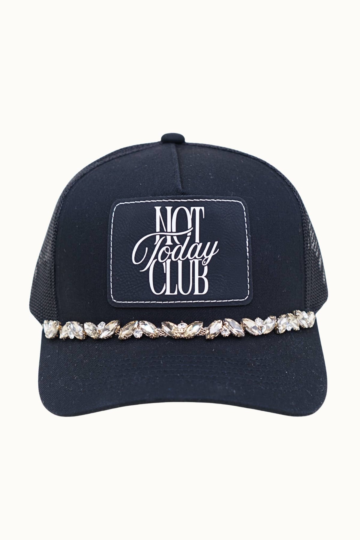 NOT TODAY CLUB Bejeweled Glitz Trucker Cap + Leatherette: Beige