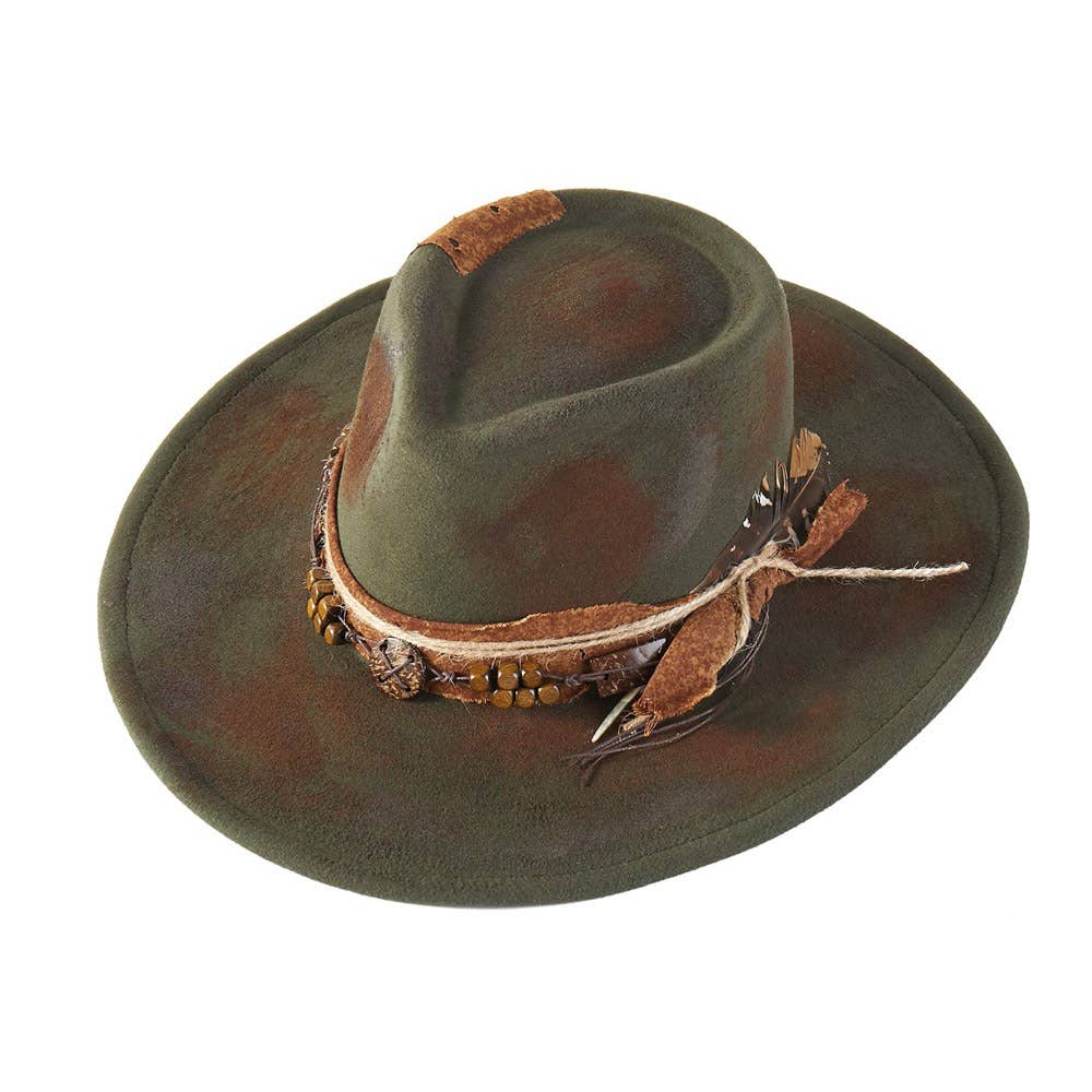 Feather Accent Beaded Band Rustic Vintage Distressed Western Cowgirl Fedora Hat