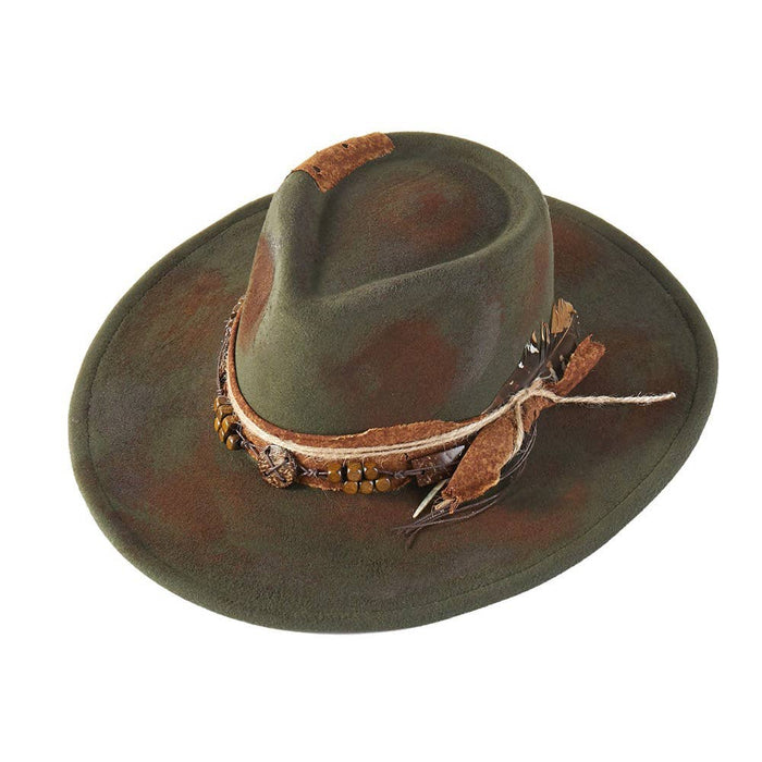 Feather Accent Beaded Band Rustic Vintage Distressed Western Cowgirl Fedora Hat