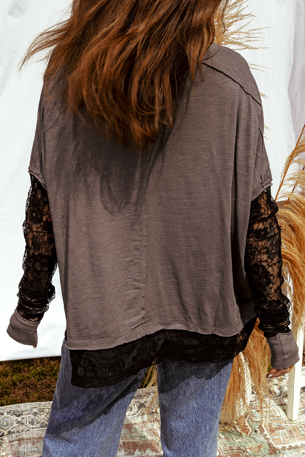 Sheer Lace Patchwork Casual Long Sleeve Tee: Dark Brown / XL