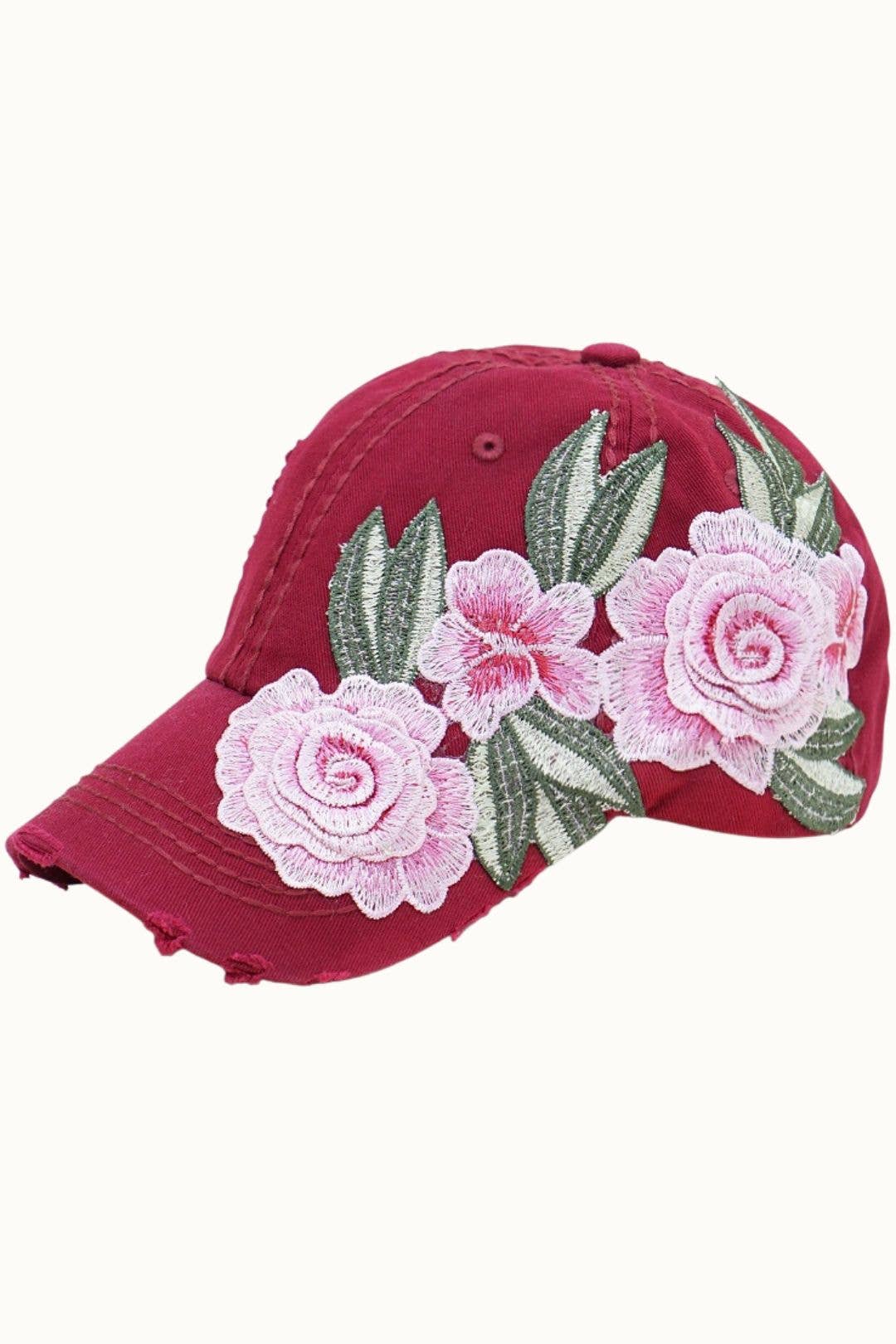 Floral Embroidery Adjustable Dad Cap with Tonal PU Leather: Black