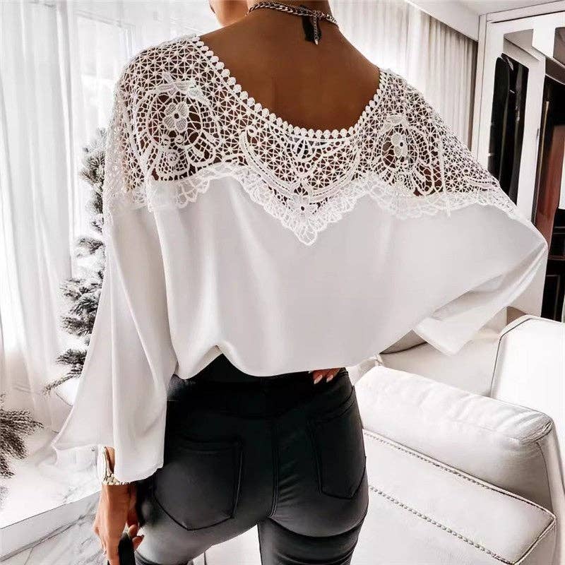 Round Neck Long Sleeve Lace Trim Shirt: WHITE / S