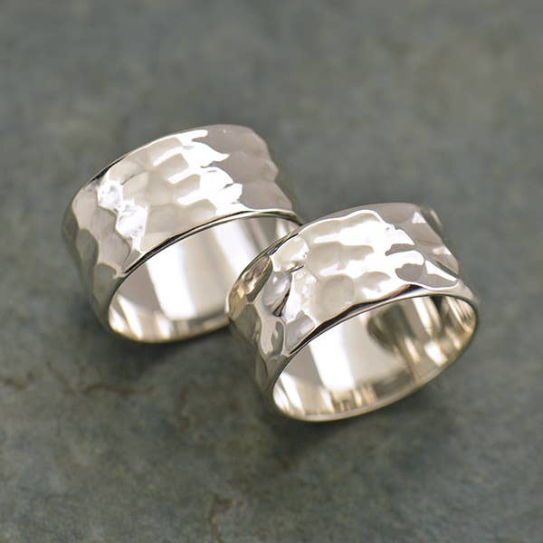 Sterling Silver Ring - 8mm Wide Hammered Band: 9