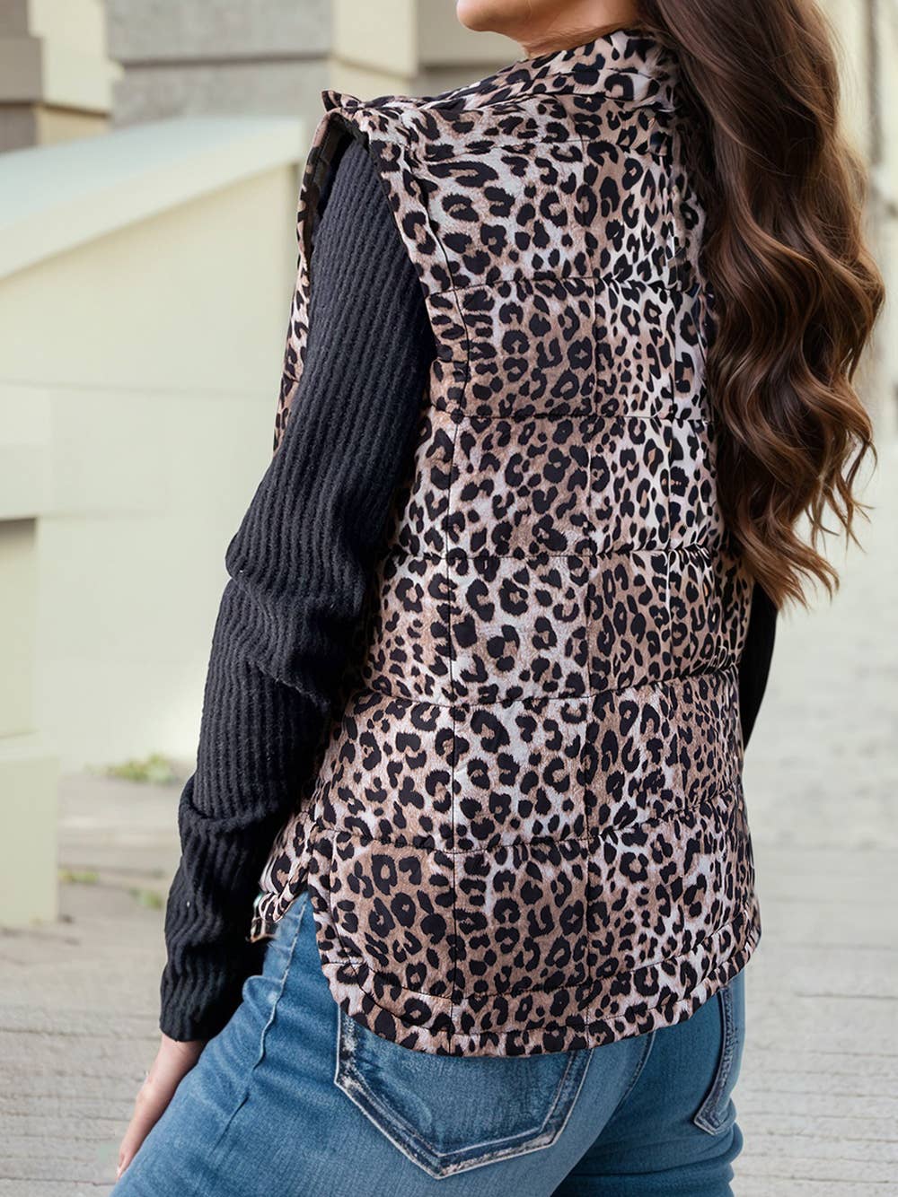 Leopard Quilted Full Zipper Casual Puff Vest: Brown / L