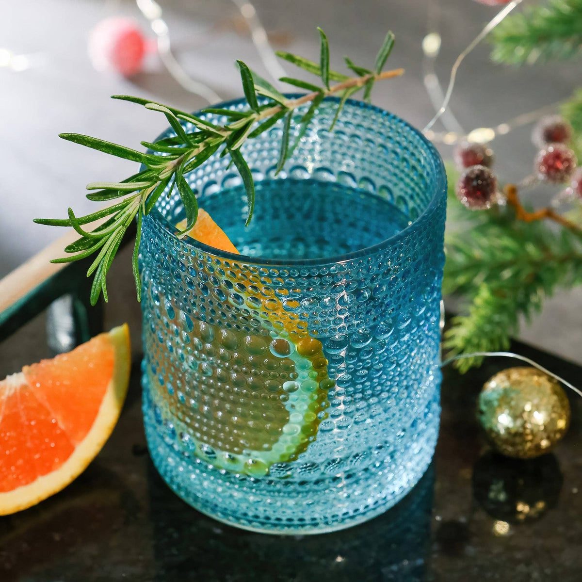 10 oz. Textured Beaded Aqua Glass (Set of 6)