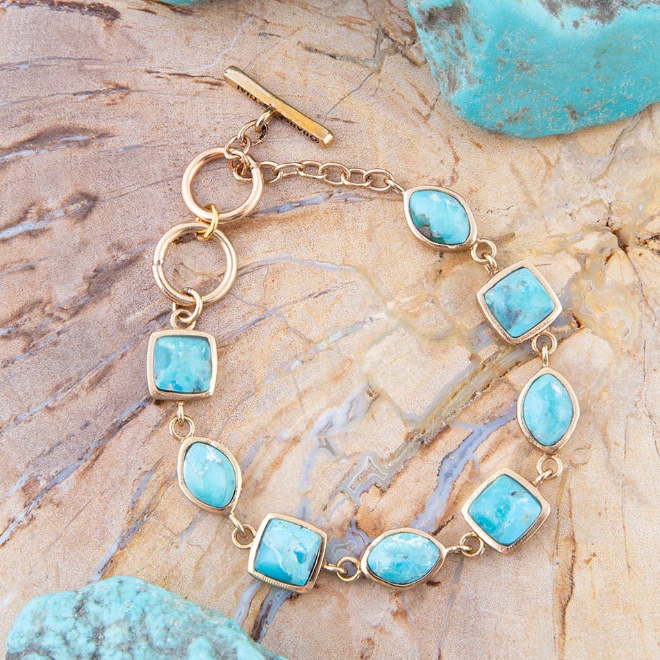 Genuine Blue Turquoise Hammered Golden Link Bracelet