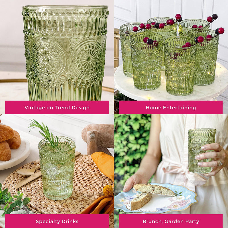 Vintage Textured Sage Green Drinking Glasses (6 pcs)