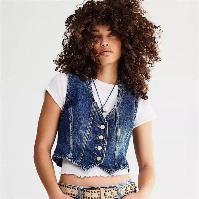 Fashionable Casual V-Neck Denim Vest: MANDARIN BLUE / L