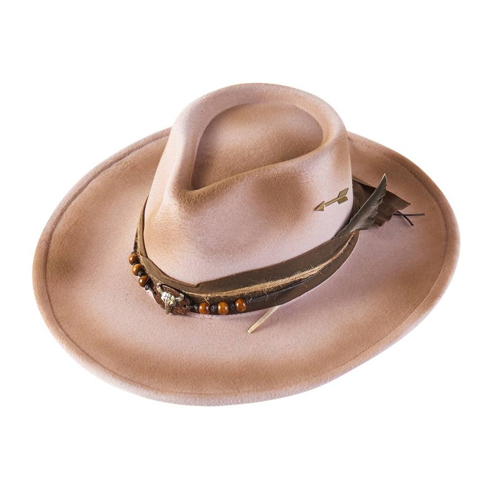 Steer Head Arrow Accent Feather Beaded Band Rustic Vintage Distressed Western Cowgirl Fedora Hat