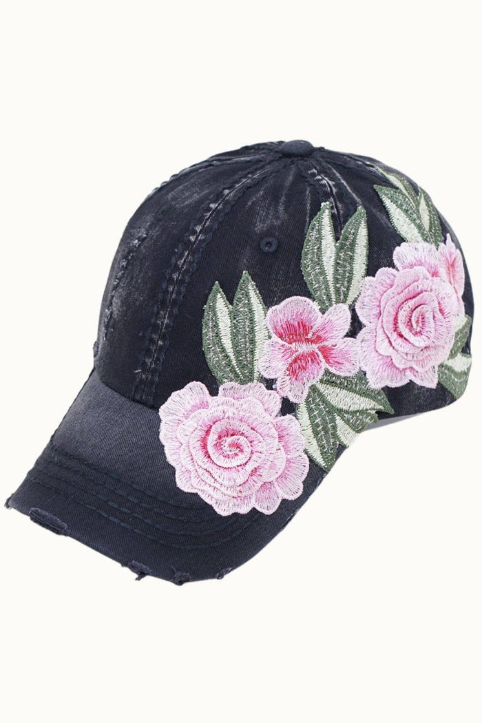 Floral Embroidery Adjustable Dad Cap with Tonal PU Leather: Black