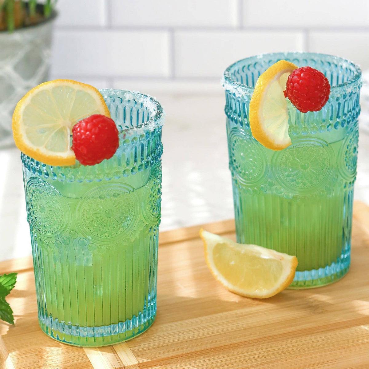 Vintage Textured Aqua Blue Drinking Glasses (Set of 6)
