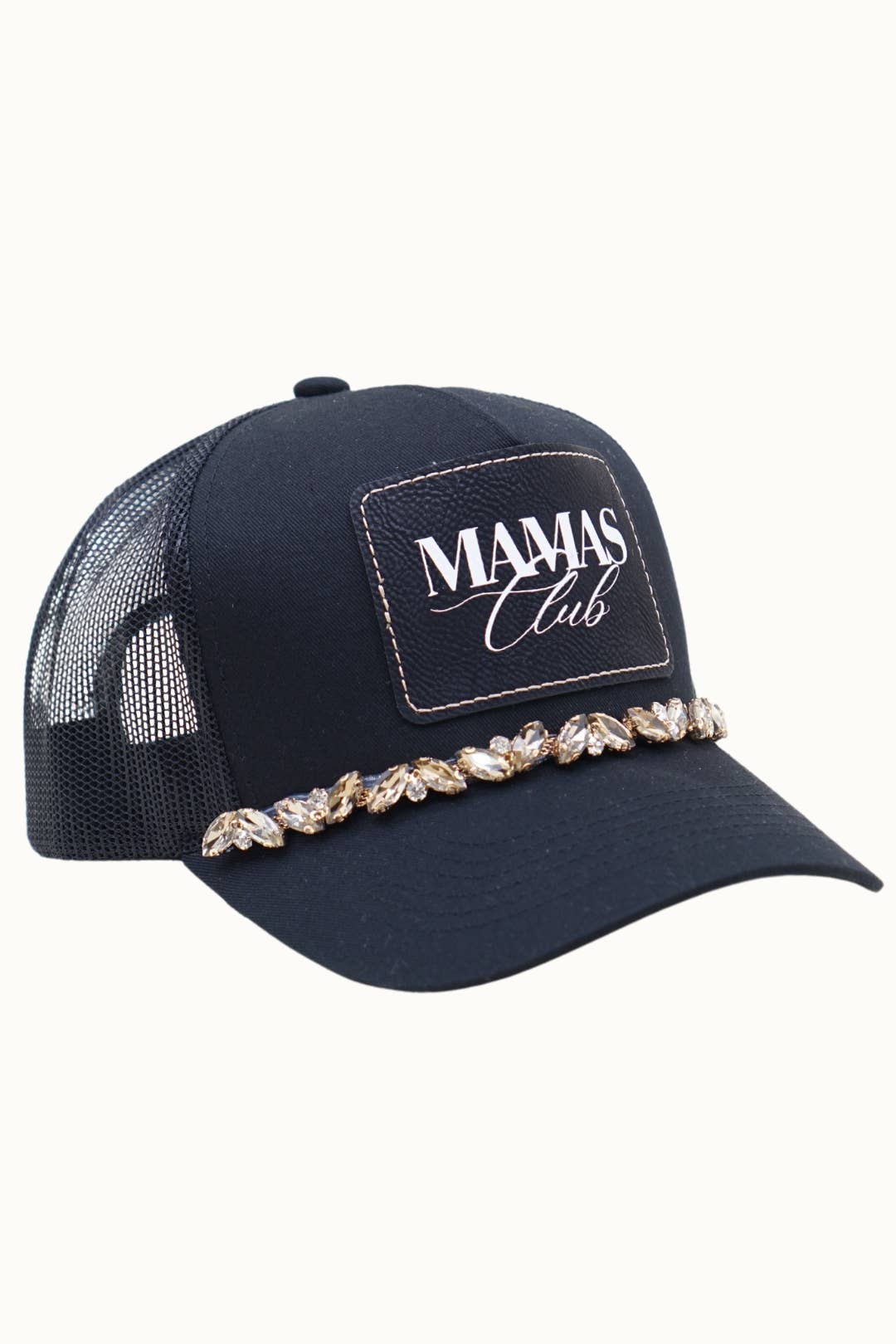 MAMAS CLUB Bejeweled Glitz Trucker Cap + Leatherette: Black