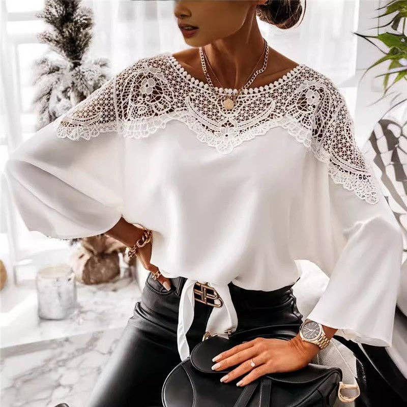 Round Neck Long Sleeve Lace Trim Shirt: WHITE / M