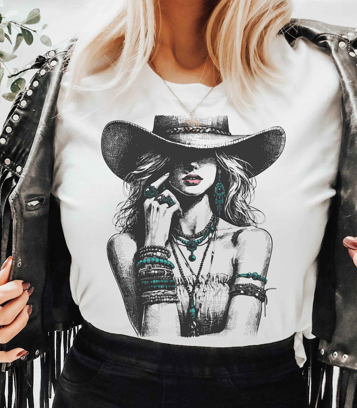 Turquoise Cowgirl: No / White T-Shirt / Medium