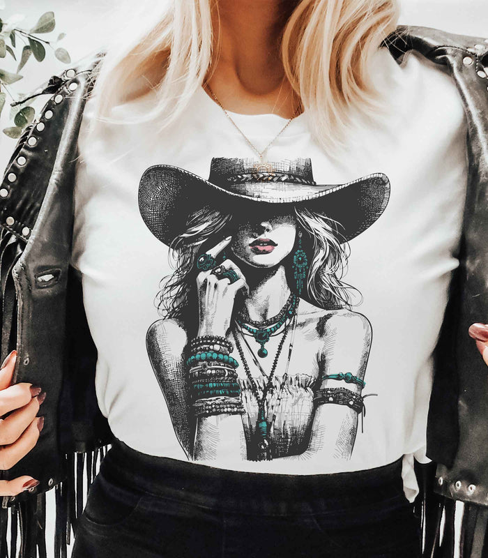 Turquoise Cowgirl: No / White T-Shirt / Medium