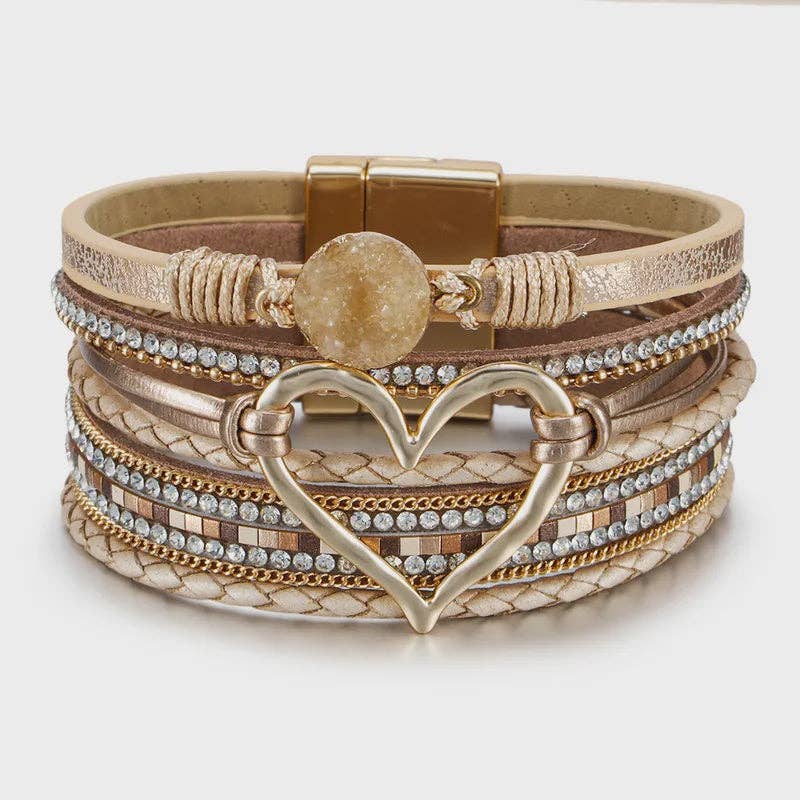 Heart Shape Leather Braid  Bracelet: Silver