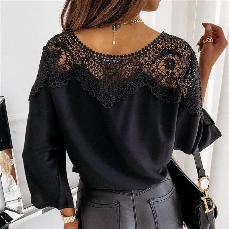 Round Neck Long Sleeve Lace Trim Shirt: WHITE / M