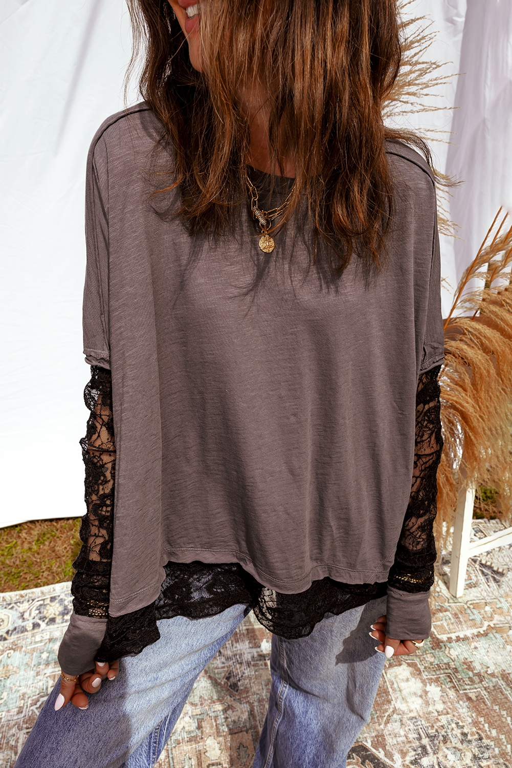 Sheer Lace Patchwork Casual Long Sleeve Tee: Dark Brown / XL