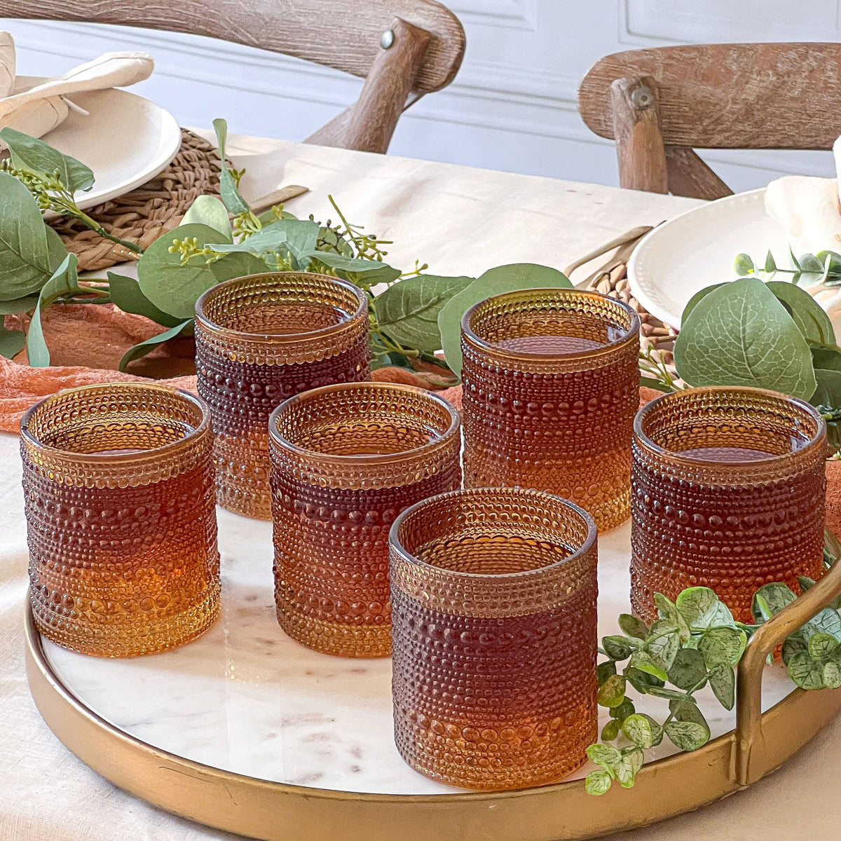 10 oz. Textured Hobnail Beaded Amber Drinking Glasses - 6pcs