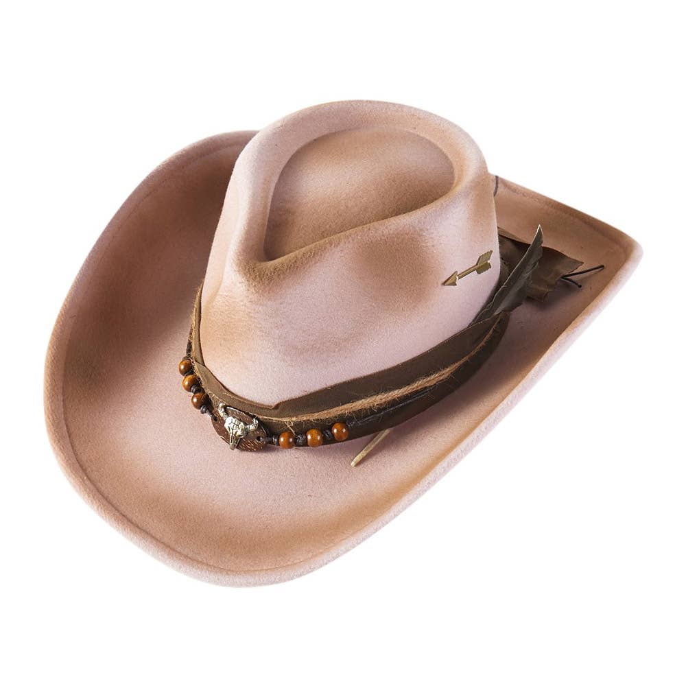 Steer Head Arrow Accent Feather Beaded Band Rustic Vintage Distressed Western Cowgirl Fedora Hat