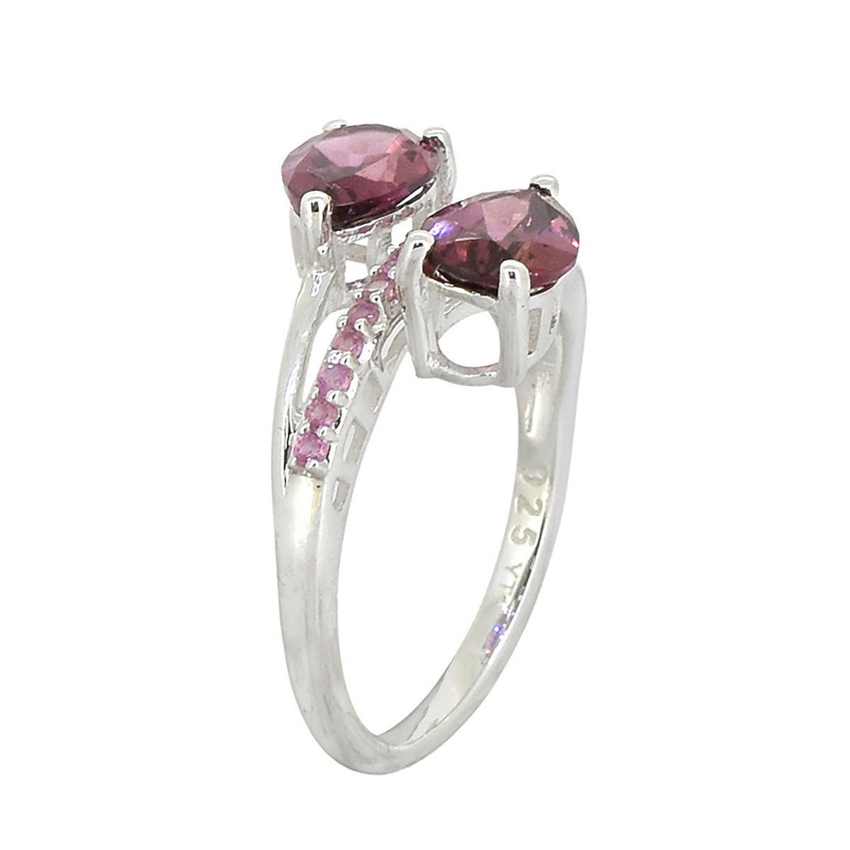 925 Sterling Silver Rhodolite Garnet Twin Flame Bypass Ring: 10