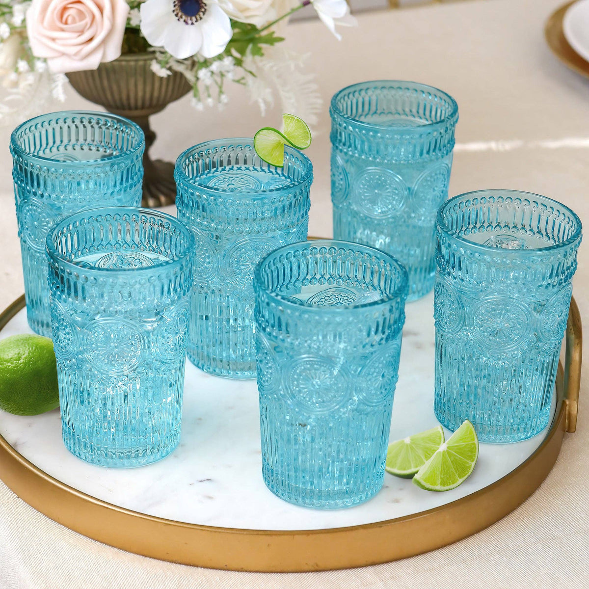 Vintage Textured Aqua Blue Drinking Glasses (Set of 6)
