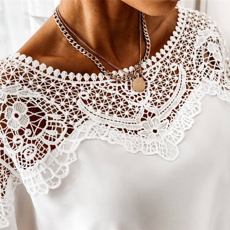 Round Neck Long Sleeve Lace Trim Shirt: WHITE / M