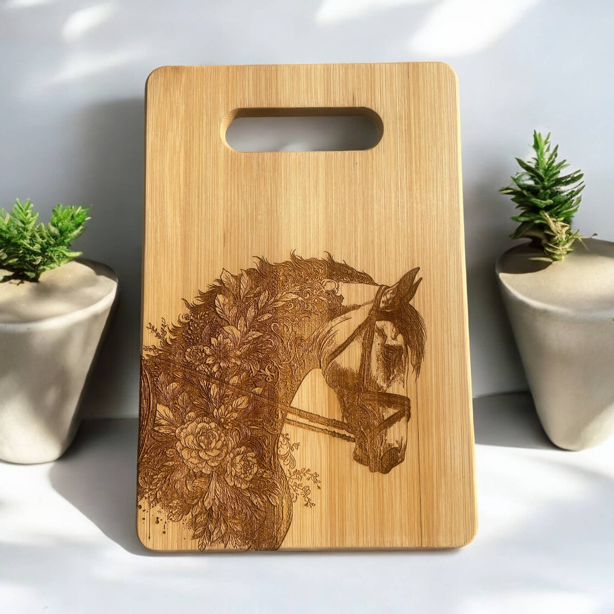 Floral Dressage Horse Bamboo Cutting Board, charcuterie: 9"x13"