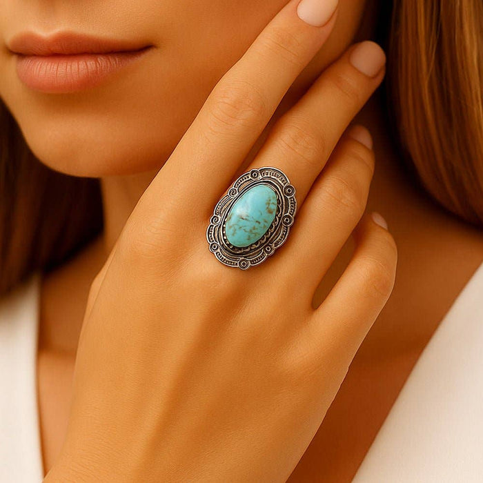 Bronco Blue Turquoise Sterling Silver Concho Ring: 7