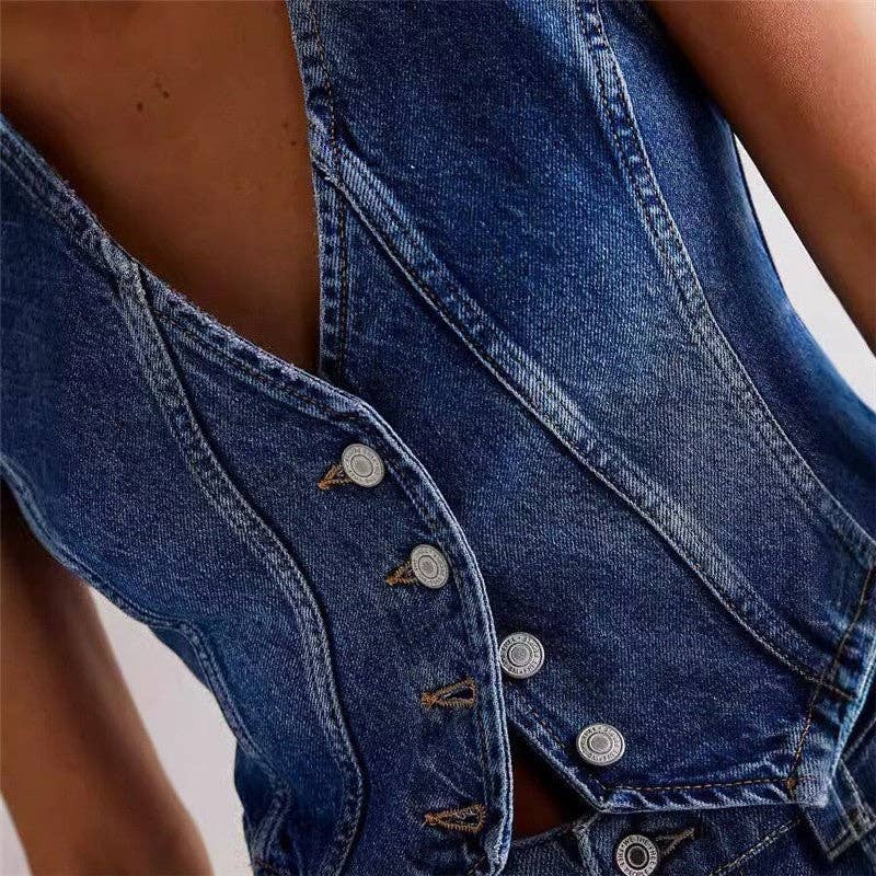 Fashionable Casual V-Neck Denim Vest: MANDARIN BLUE / L