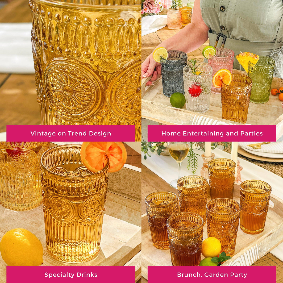 Vintage Textured Amber Drinking Glasses (Set of 6)
