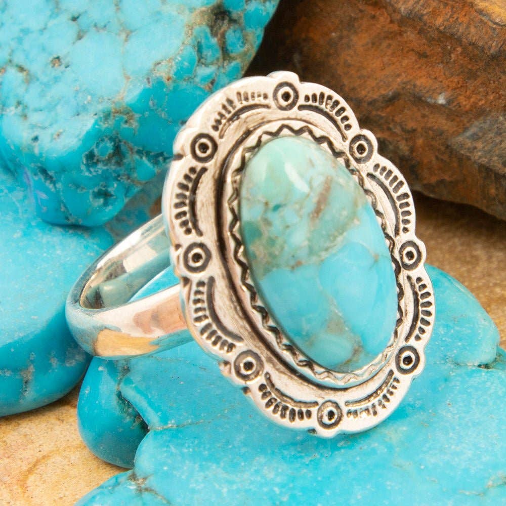 Bronco Blue Turquoise Sterling Silver Concho Ring: 7